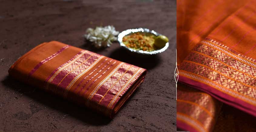 shop maheshwari cotton silk rust color saree with zari border