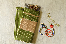 Rekha | Maheshwari Handloom Dress Material (Top & Dupatta) - Perrot Green