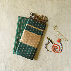 Rekha | Maheshwari Cotton + Silk Dress Material (Top & Dupatta) - Green