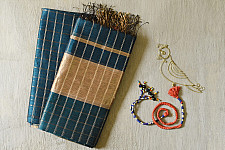 Rekha | Maheshwari Zari Checks Dress Material (Top & Dupatta) - Teal Blue