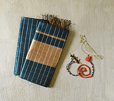 Rekha | Maheshwari Zari Checks Dress Material (Top & Dupatta) - Teal Blue