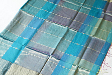 Pavitra . पवित्रा | Handloom Maheshwari Silk Blue Saree ~ Zari Stripe & Butta