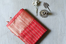 Pavitra . पवित्रा | Handloom Maheshwari Silk Red Saree With Golden Zari Stripes