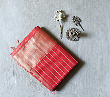 Pavitra . पवित्रा | Handloom Maheshwari Silk Red Saree With Golden Zari Stripes