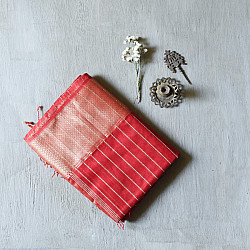 Pavitra . पवित्रा | Handloom Maheshwari Silk Red Saree With Golden Zari Stripes