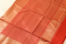 Pavitra . पवित्रा | Handloom Maheshwari Silk Red Saree With Golden Zari Stripes