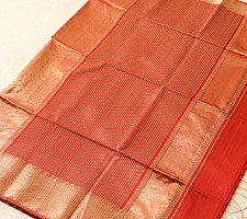 Pavitra . पवित्रा | Handloom Maheshwari Silk Red Saree With Golden Zari Stripes