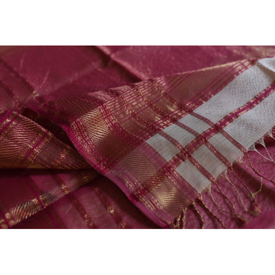 maheshwari handwoven silk white saree with pink border