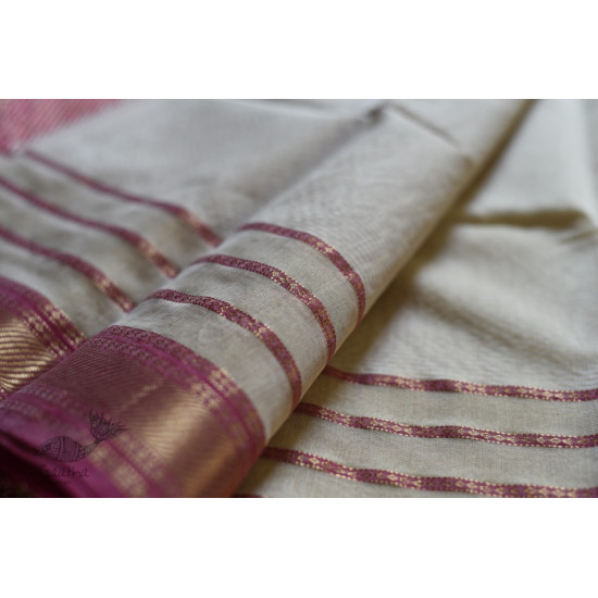 maheshwari handwoven silk white saree with pink border