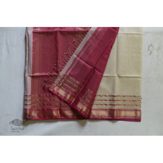 maheshwari handwoven silk white saree with pink border