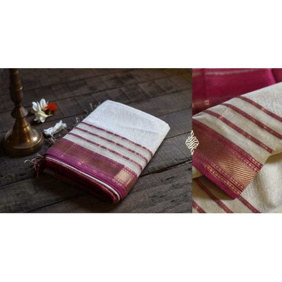 maheshwari handwoven silk white saree with pink border