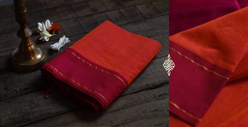 maheshwari handwoven silk orange saree with resham border