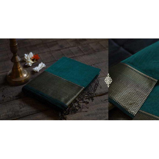 maheshwari handwoven silk dark green saree with golden border