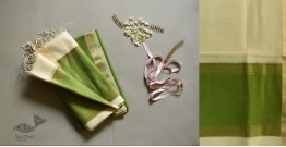 Shyamali ❢ Maheshwari Silk Dress Material With Dupatta green & Off White