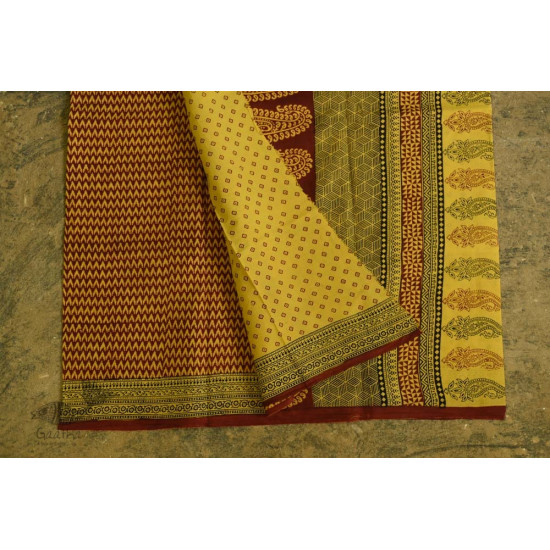 Hand Block Bagh Printed Pure Cotton saree  in Lemon Yellow Colour