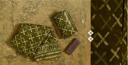 Batik Block Printed ♠ Chanderi Dress Material (Top+Bottom+Dupatta) - Dark Green