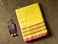 Pavitra . पवित्रा | Handloom Maheshwari Yellow Silk Saree With Pink Pallu