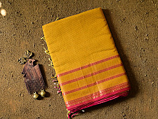 Pavitra . पवित्रा | Handloom Maheshwari Self Stripe Saree - Yellow