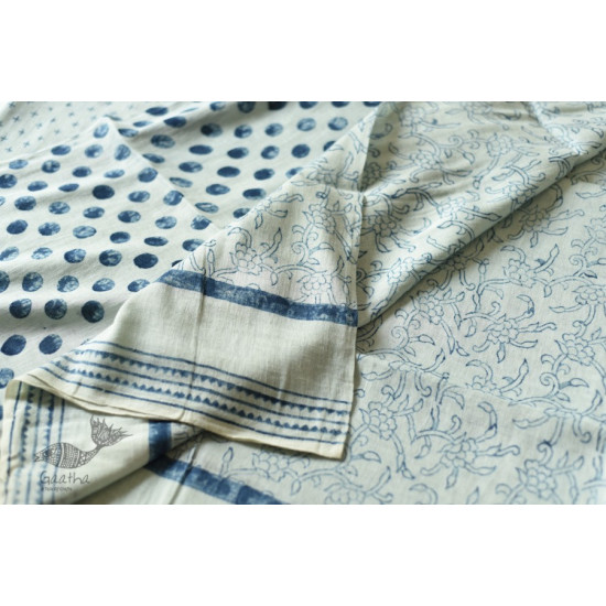 Block Printed Saree with Natural Dyed - Linen Handloom Lotus Print