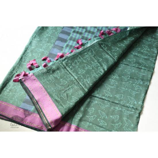 Block Printed Saree . Cotton Silk Handloom - Sparrow Motif