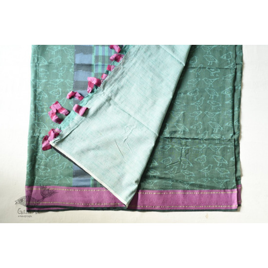 Block Printed Saree . Cotton Silk Handloom - Sparrow Motif