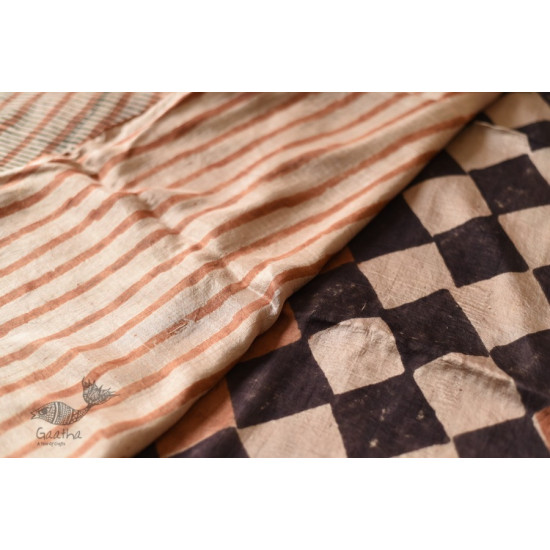 Natural Dyed . Block Printed Pure Silk Saree - Brown & Black Checks