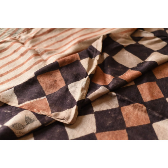 Natural Dyed . Block Printed Pure Silk Saree - Brown & Black Checks