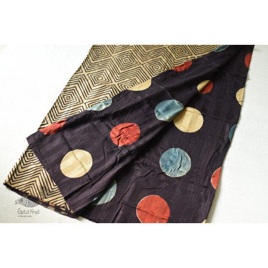 Natural Color . Block Printed Pure Silk Saree - Black