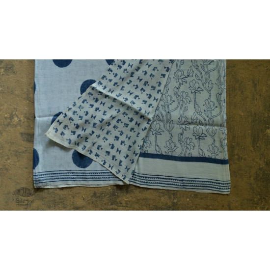 Handloom lndigo block printed linen saree