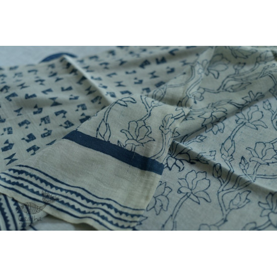 Handloom lndigo block printed linen saree