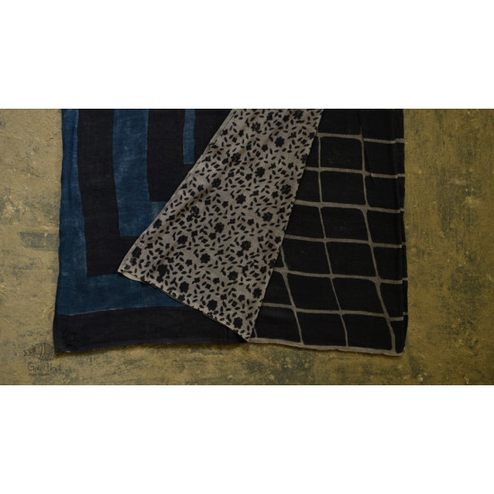 Handloom lndigo block printed linen saree