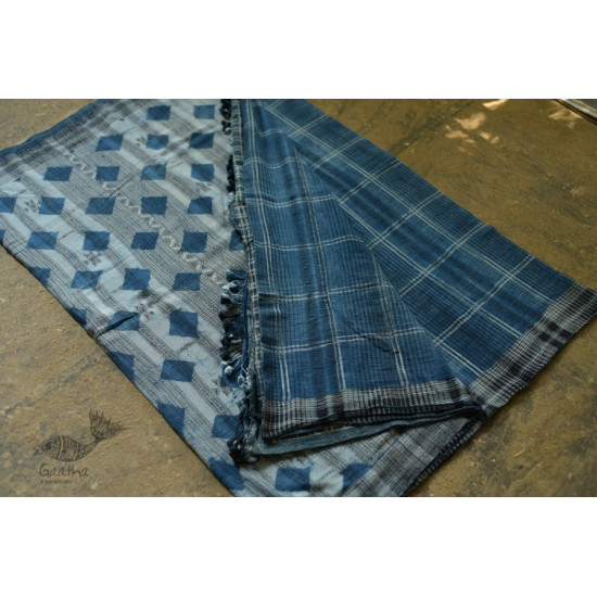 Handloom lndigo block printed kala cotton saree