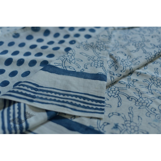 Handloom lndigo block printed cotton saree