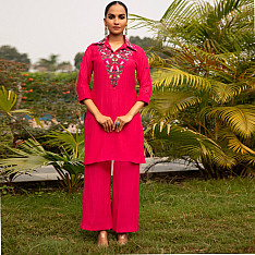 Advaya . अद्वया | Hand Embroidered Chanderi - Tunic Paired with Straight Pant (Set of 2)