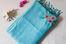 Kopal || Handloom Linen Embroidered Saree - Sky Blue
