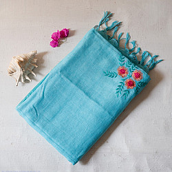 Kopal || Handloom Linen Embroidered Saree - Sky Blue