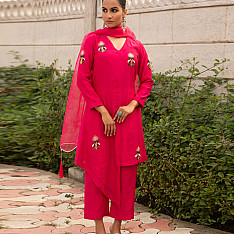Advaya . अद्वया | Hand Embroidered Chanderi Kurta Set with Organza Dupatta