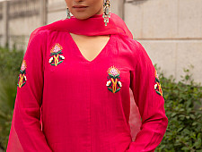 Advaya . अद्वया | Hand Embroidered Chanderi Kurta Set with Organza Dupatta