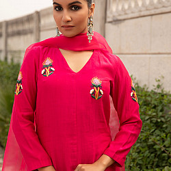 Advaya . अद्वया | Hand Embroidered Chanderi Kurta Set with Organza Dupatta