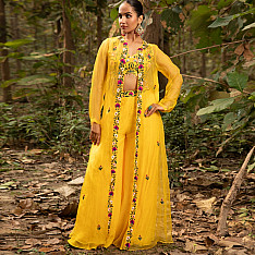 Advaya . अद्वया | Hand Embroidered Chanderi -  Organza Jacket Set Paired with Silk Blouse Includes Wide Leg Pant (Set of 3)