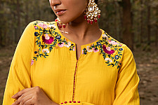 Advaya . अद्वया | Embroidered Chanderi - Yellow Asymmetrical Tunic Set (Set of 2)