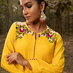 Advaya . अद्वया | Embroidered Chanderi - Yellow Asymmetrical Tunic Set (Set of 2)