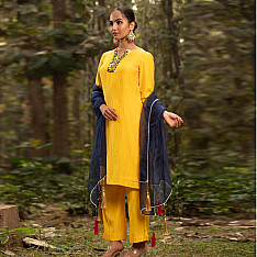 Advaya . अद्वया | Hand Embroidered Chanderi Silk Kurta Set with Organza Dupatta (Set of 3)