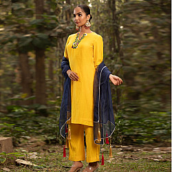 Advaya . अद्वया | Hand Embroidered Chanderi Silk Kurta Set with Organza Dupatta (Set of 3)