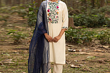 Advaya . अद्वया | Hand Embroidered Chanderi Kurta Set with Contrast Organza Dupatta (Set of 3)