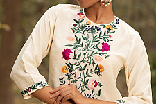 Advaya . अद्वया | Hand Embroidered Chanderi Kurta Set with Contrast Organza Dupatta (Set of 3)