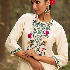 Advaya . अद्वया | Hand Embroidered Chanderi Kurta Set with Contrast Organza Dupatta (Set of 3)