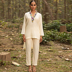 Advaya . अद्वया | Hand Embroidered Chanderi Co - Ord Set - Tunic Paired with Straight Fitted Pant (Set of 2)