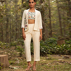 Advaya . अद्वया | Hand Embroidered Chanderi Co - ord Set - Jacket, Blouse & Paired Pant (Set of 3)