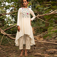Advaya . अद्वया | Hand Embroidered Chanderi - Tunic Paired with Straight Pant (Set of 2)